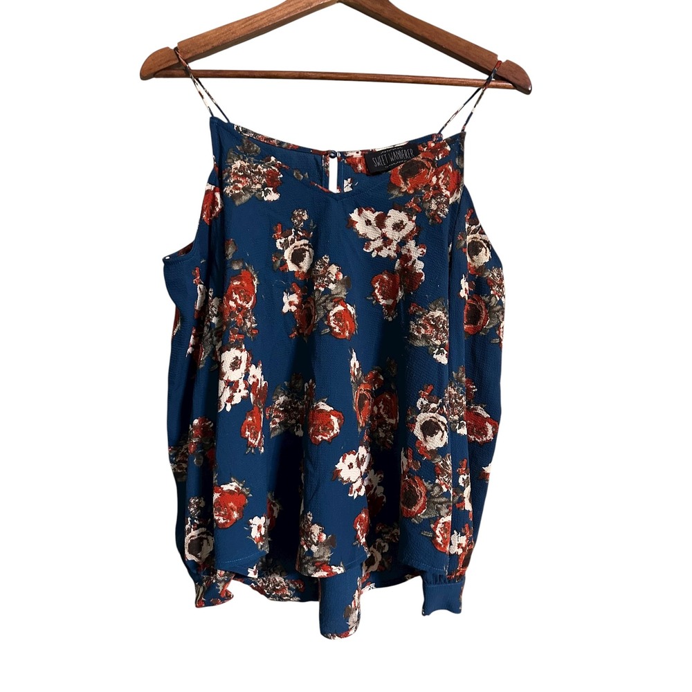 Sweet‎ Wanderer Floral Cold Shoulder Blouse Top Blue Rust White Womens Size S